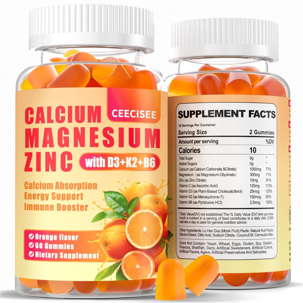 Calcium Magnesium Zinc Gummies con D3 &B6 &K2, 1000mg Calcium Gummies con 300mg Magnesium Support Energia Immune per adulti e adolescenti, Sugar Free(120Count)