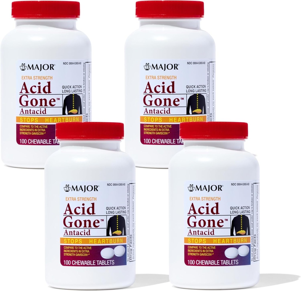 Acido maggiore Gone Extra Forza Antacid Chewable Tablets - Anti-Acid Relief - Acid Reflux Medicine for Adults - Upset Stomach, Acid Indigestion, and Heartburn Relief - Long-Lasting - 100-Count (4 Pack)