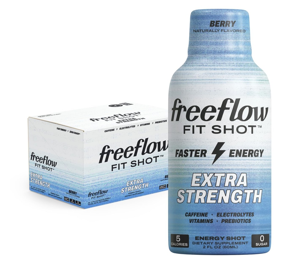 Freeflow Fit, Extra Strength Energy Shot, Berry (2 Ounce Shot, Pack of 12) - 150mg di Caffeine Per Shot, Zero Calorie, Zero Sugar Energy Shot...