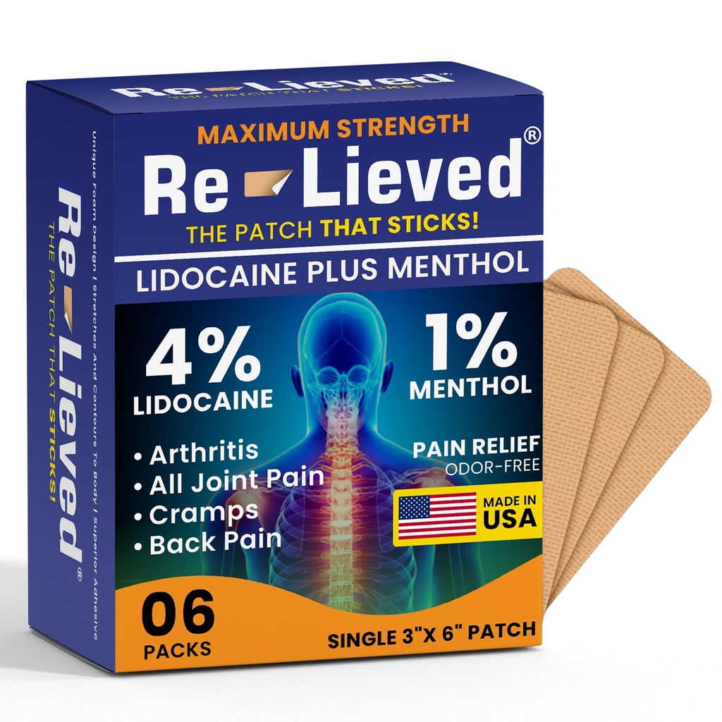 Rilievo del 4% di lidocaina Patches con mentolo - Rilievo di dolore di massima resistenza per la schiena, ginocchio e dolore muscolare - Patch Medicated Fast-Acting - Made in USA - 6 Count