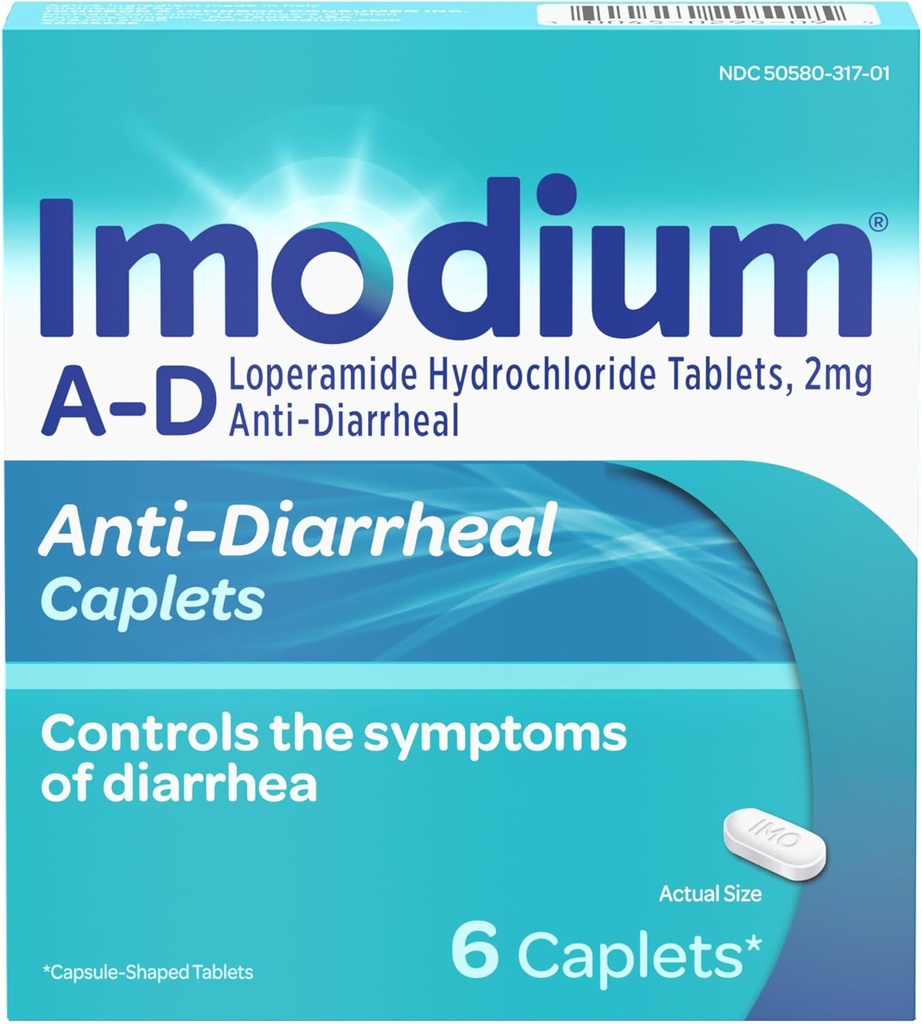 Imodium A-D Diarrhea Relief Caplets con Loperamide HCl, Anti-Diarrheal Medicine per aiutare a controllare i sintomi della diarrea a causa della diarrea di Acute & Traveler, HSA/FSA eleggibile, 6 ct