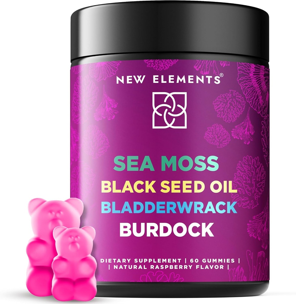 Gummies del mare organico con l'olio di semi neri, la vescica & Burdock Root | Supplemento 1000mg | 4 in 1 Advanced Formula 4X Stronger | Raspberry Flavor | Vegan | Non OGM | Gluten-Free