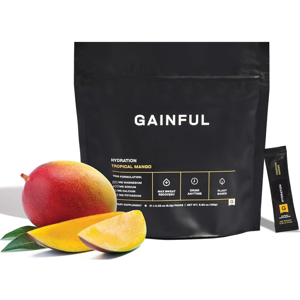 Gainful Hydration Powder Packets, Caffeine Free con Key Electrolytes Magnesium e Sodium, Energy Support, Low Sugar, Tropical Mango, 21 Sticks