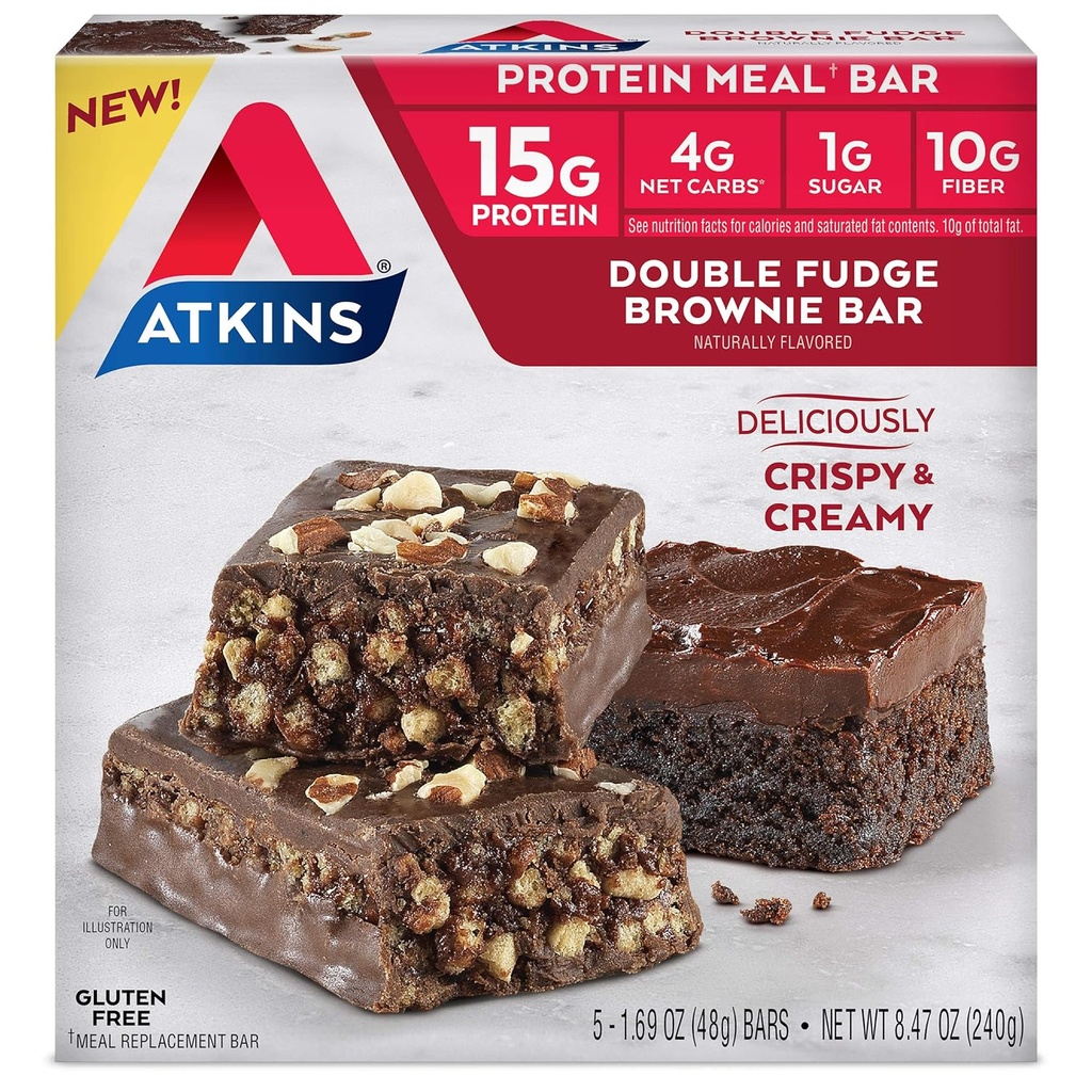 Atkins Double Fudge Brownie Protein Meal Bar, High Fiber, 15g Protein, 1g Sugar, 4g Net Carb, Meal Sostituzione, Keto Friendly