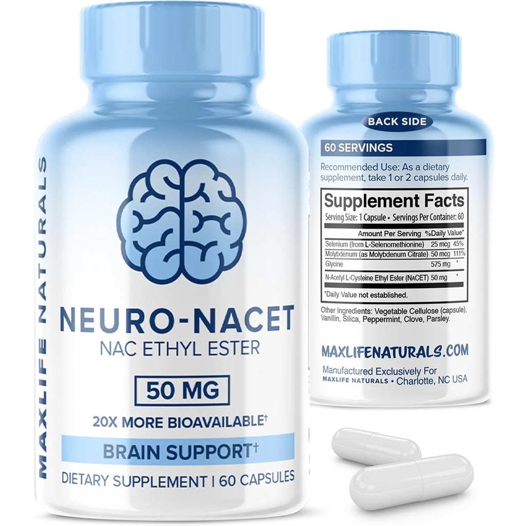 MaxLife Naturals Neuro NACET N-Acetyl L-Cysteine – 60 capsule, 20x Più Biodisponibile Glycine NAC Supplement N-Acetyl Cysteine Ester Ethyl con Selenium, 10x Glutathione Boost for Brain & Lung Support