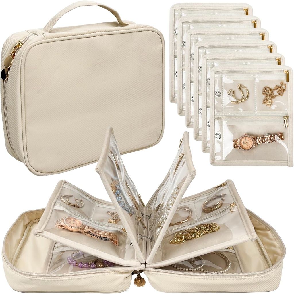 Travel Jewelry Organizer Case,Jewelry Bags Jewelry Storage Book Binder with Clear Zipper Velvet Pouch for Traveling,Earrings, Rings, Collana, Bracciale (bianco)