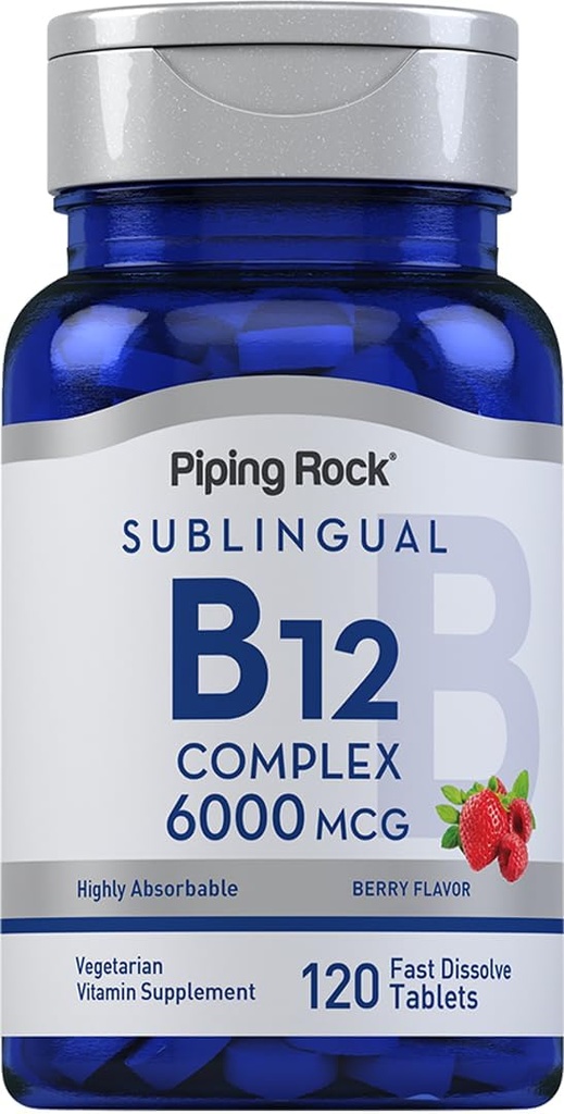 Piping Rock Sublingual B12 Complex 6000 mcg | 120 compresse dissolve veloci | Aroma di bacche | Vegetariano, Non OGM & Gluten Free