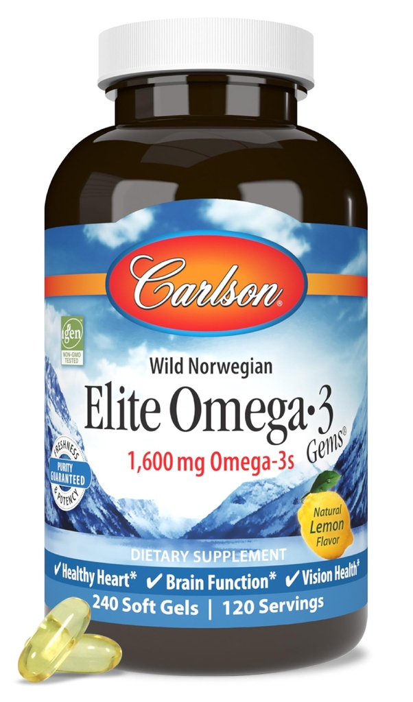Carlson Elite Omega-3 Gems, 1600 mg Omega-3 con EPA & DHA, Limone Flavor, 240 Softgels – Wild-Caught Norwegian Fish Oil, Sostenibilmente Source