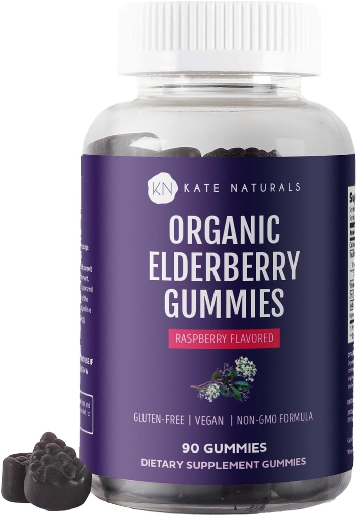 Kate Naturals Elderberry Gummies con vitamina C e zinco per adulti e bambini. Tasty Sambucus Elderberry Gummies per il supporto immunitario (90 Gummies, 45 Day Supply, Organic)