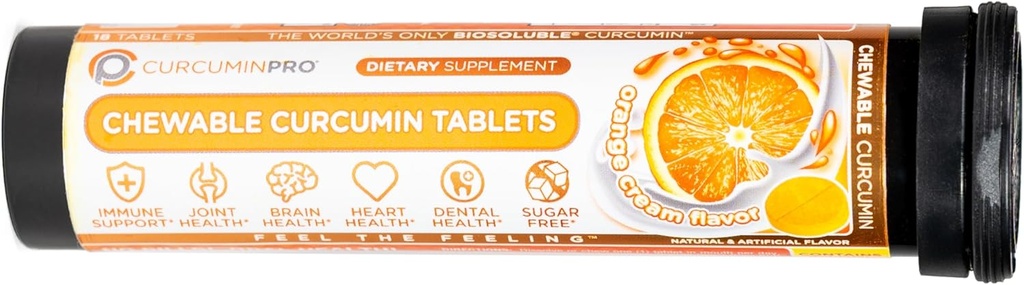 curcuminpro Chewable Tablets | BioSoluble Organic Curcumin | Supporto movimento senza zucchero | 18 Count | Crema arancione Flavor