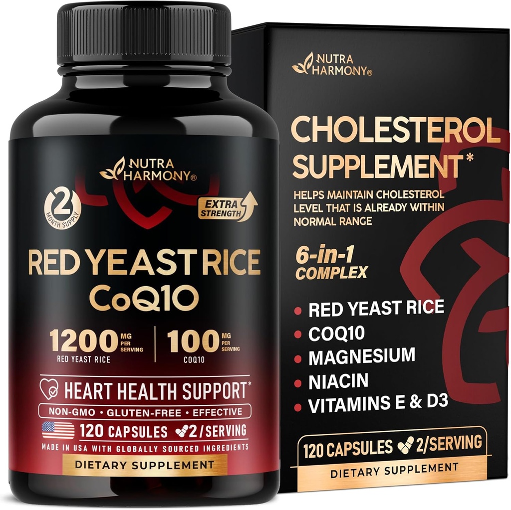 Riso di lievito rosso 1200 mg con CoQ10 100 mg - con Magnesio | Niacin | Vitamina E & D3 - Supporto per la salute del cuore, Energy & Metabolism - Efficace, privo di liquidi e laboratorio testato - Made in USA, 120 capsule