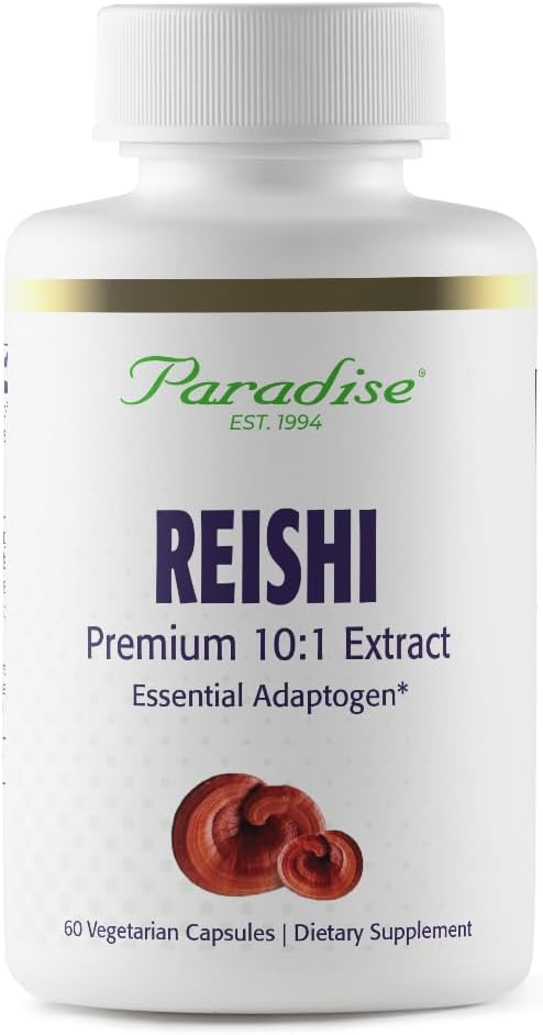 Paradise Herbs Reishi, Essential Adaptogen, Super Potent, Ultra Pure, Non OGM, Vegan, Gluten Free, 60 capsule vegetariane