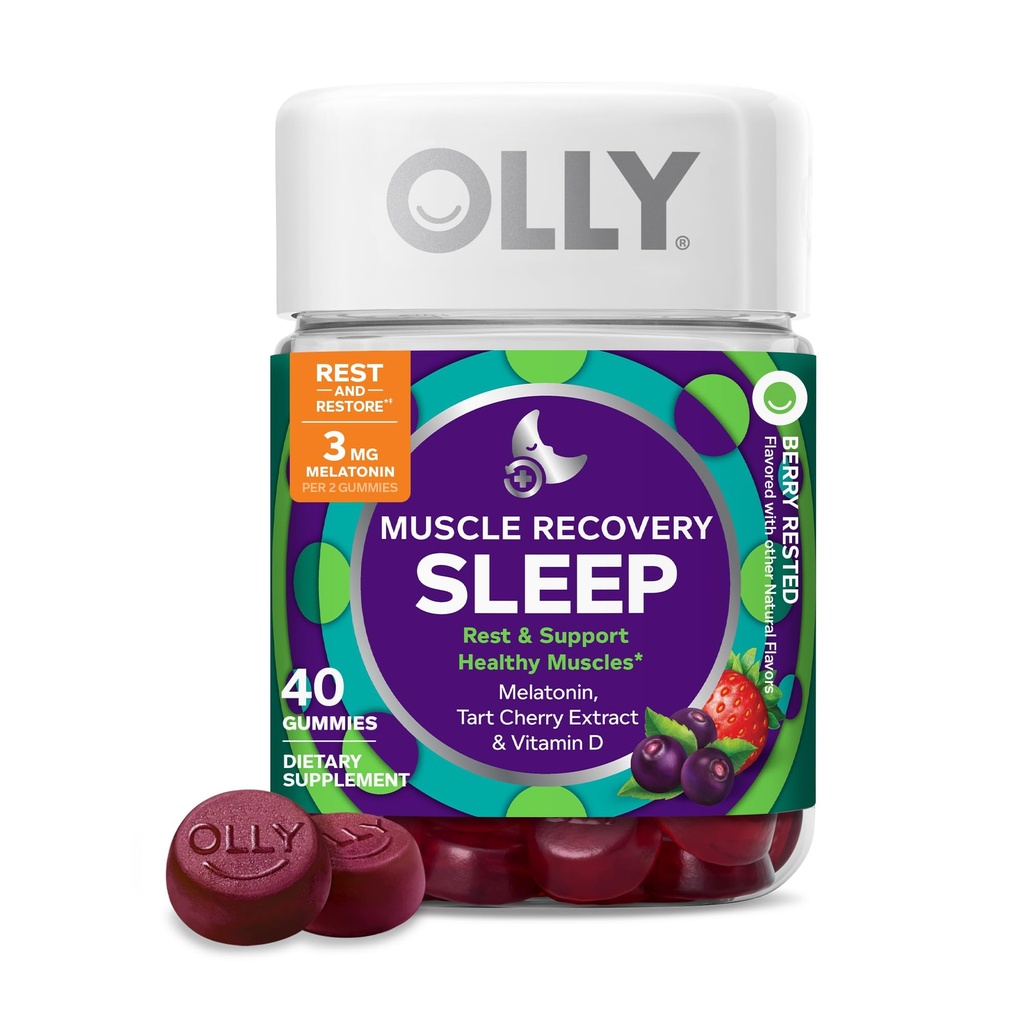 OLLY recupero del muscolo sonno gommoni, sonno e sore supporto del muscolo, melatonina 3mg, ciliegia del tart, vitamina D, aroma di berretto - 40 conte