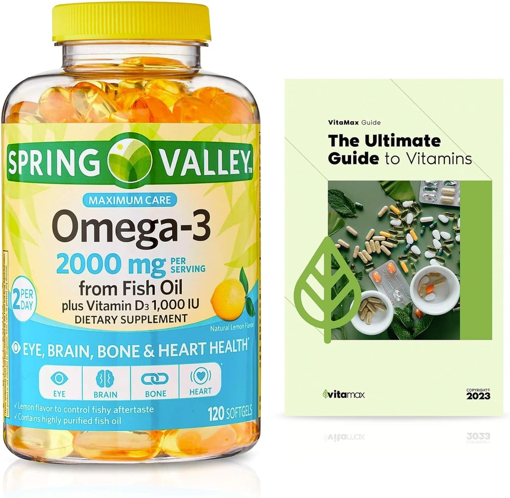 Spring Valley Omega-3 da Fish Oil 2000 mg, massima cura, 120 conte + Esclusiva Guida alla vitamina VitaMax (2 articoli)