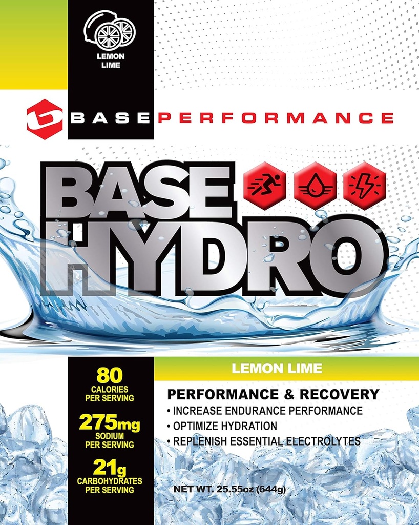BASE Performance Hydro - Lemon Lime | 28 porzioni all'interno di ogni borsa mylar eco-friendly | Miscela di destrosio, fruttosio, maltodestrina ed elettroliti essenziali.