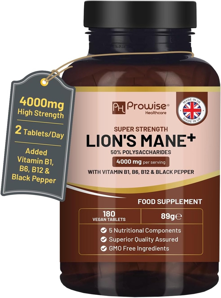 Leoni Mane Mushroom Supplemento 4000mg con Vitamina B1, B6, B12 & Black Pepper - 180 Super Strength Vegan Tablets con 50% Polysaccharides (non polvere o capsule) | Made in the UK by Prowise