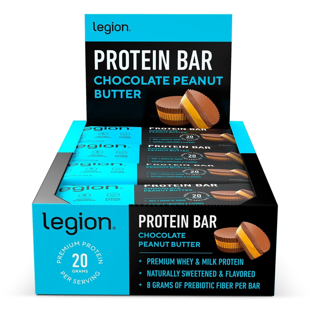Proteine della Legione Bar Burro di arachidi al cioccolato -100% Proteine del siero, Barre al forno con fibra prebiotica - Alta Proteina (20g) Basso Grasso (12g) Basso Zucchero (4g), No Soia, Gluten - Sapori naturali (12 Conte)
