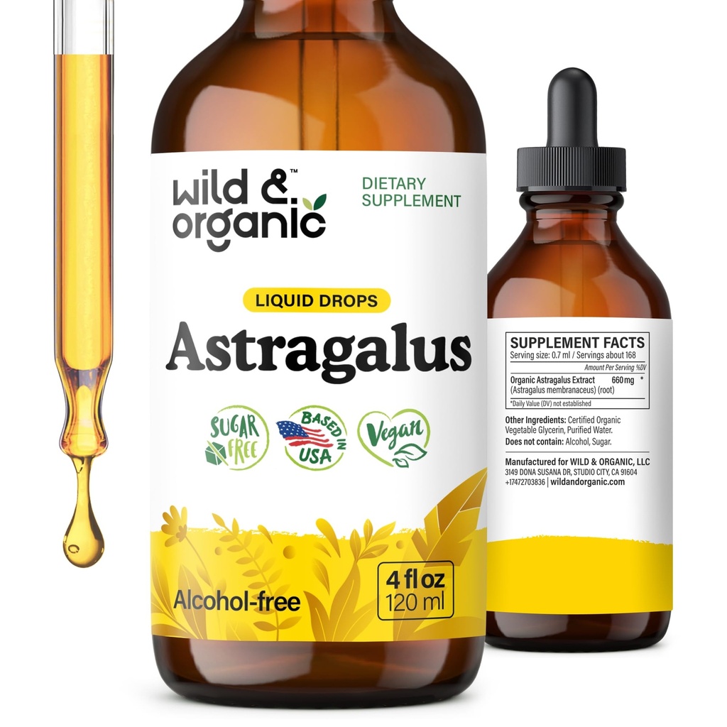 Wild & Organic Astragalus Tincture - Integratore di supporto immunitario w/Astragalus Root Extract - Tintura vegana per l'immunità - Gocce senza zucchero e alcol - 4 fl oz