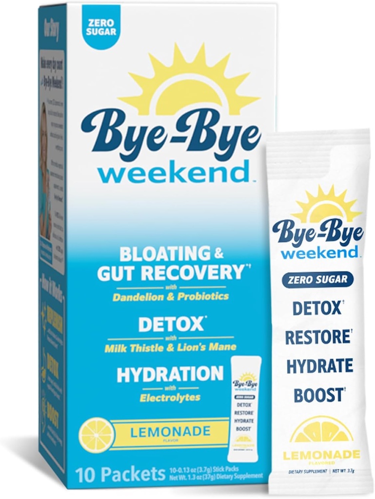 Detox Drink Mix w/Electrolytes - per Bloating, Recovery, Fatigue, Brain Fog - Probiotics, Lion’s Mane, Milk Thistle - Zero Sugar Lemonade - 10 Pack