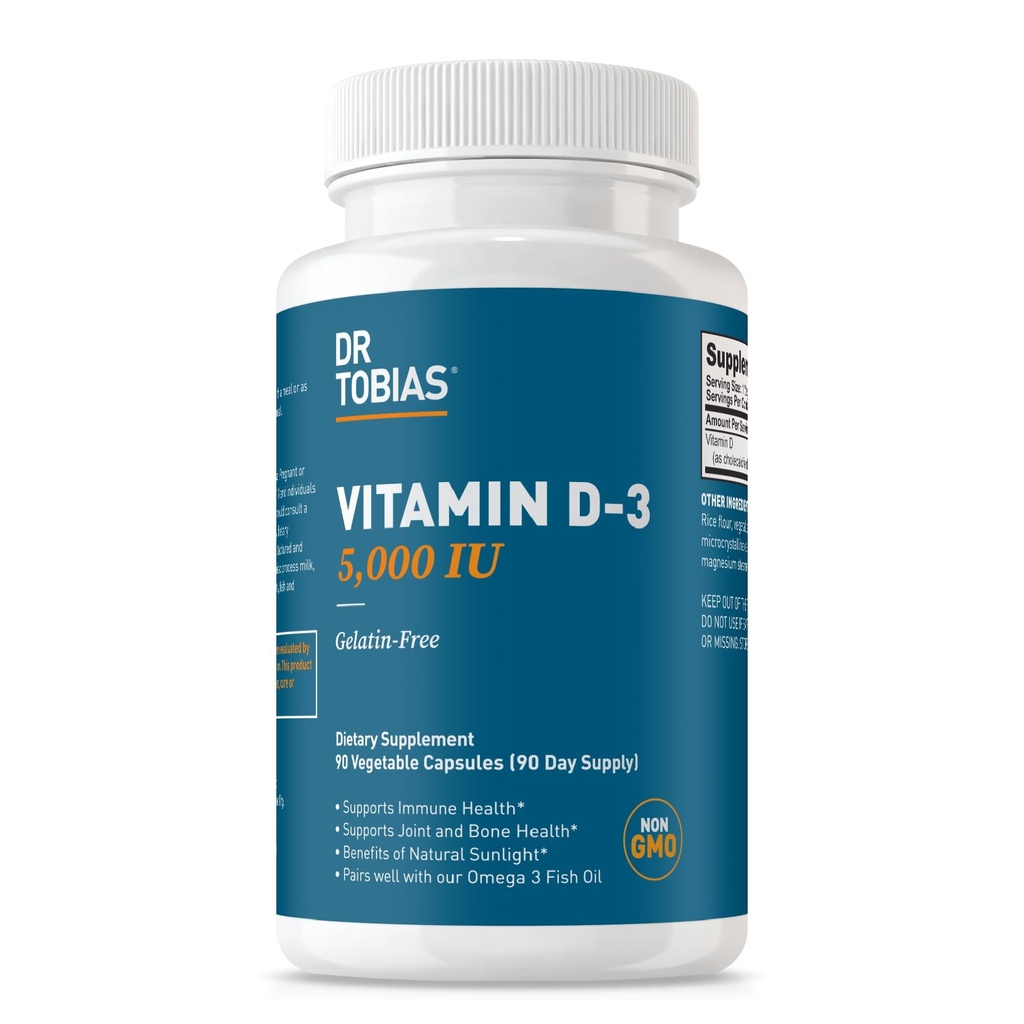 Dr. Tobias Vitamina D3 5000 IU, Essenziale per le ossa sane, denti e sistema immunitario, Supplemento di vitamina D ad alta resistenza, Non OGM, 90 capsule, 90 porzioni