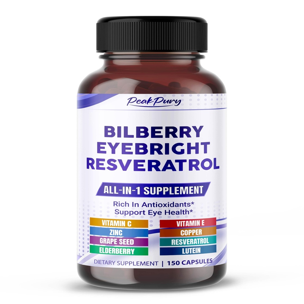 All-in-1 Bilberry Eyebright Astaxanthin Elderberry Resveratrol Supplement - Ricco di Antiossidanti & Supporti Eye Health - Made in the USA -150 Capsule
