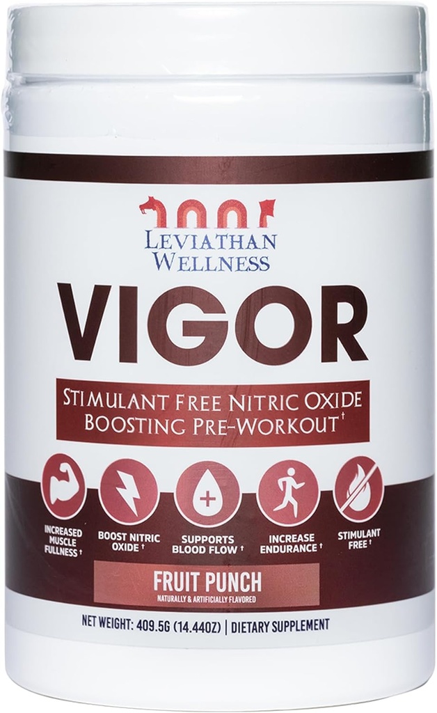 Vigor - Stimolant-Free Nitric Oxide Pre-Workout Powder | L-Citrulline (5000mg), Acido Malico (2000mg), GlycerPump (1500mg)| Fruit Punch| 30 Serve, 13.86g Ogni | Prodotto negli Stati Uniti