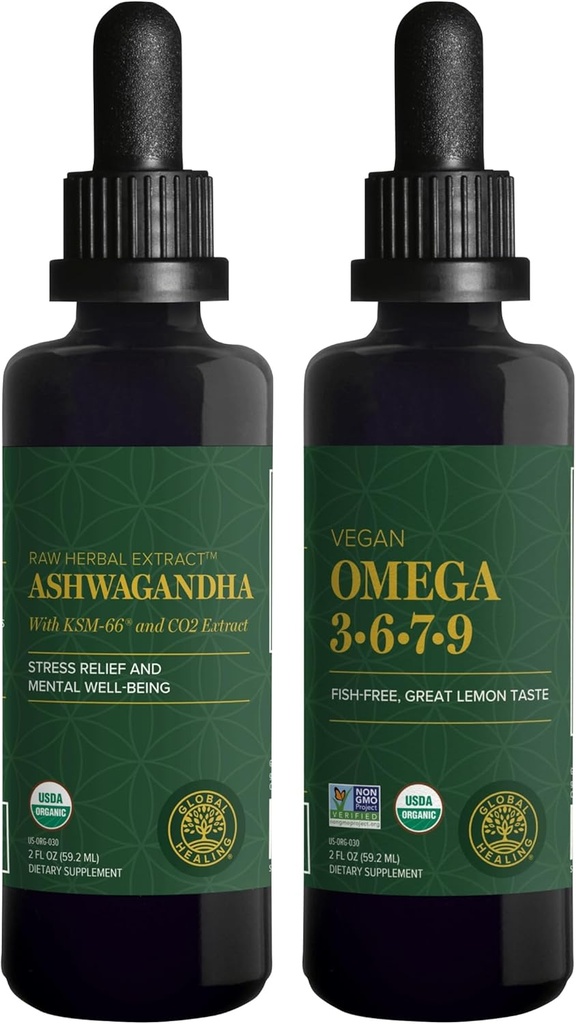 Global Healing Center Ashwagandha & Omega 3 6 7 9 Kit - aiuta con nervosità, salute del cervello, salute del cuore e salute degli occhi