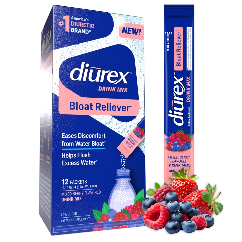 Diurex Drink Mix - Integratore Diuretico - Mixed Berry Flavor - Bloat Relief con Diurex Proprietary Bloat-Relieving Blend - Single Serve - 12 Pack