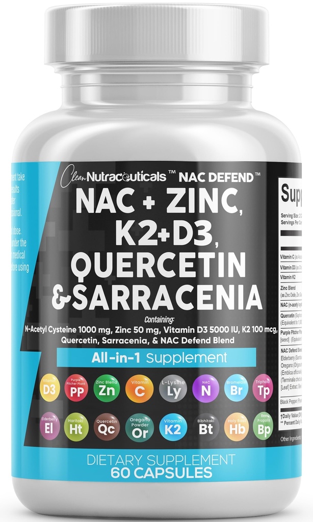NAC Supplemento N-Acetyl Cysteine Vitamin D3 K2 Zinc Quercetin Sarracenia Purpurea Supporto immunitario | Elderberry Holy Basil Bee Propolis Bromelain L-Lysine Capsule Integratori Per Donne Uomini Adulti
