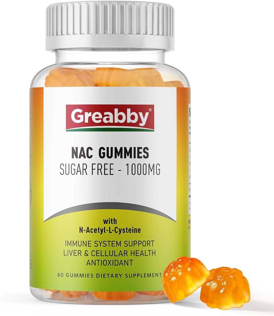 NAC Gummies Sugar Free, N Acetyl Cysteine NAC Supplemento 1000mg per antiossidanti, Lung & Liver Health, Supporto immunitario, Vegan Orange Flavor, 60ct