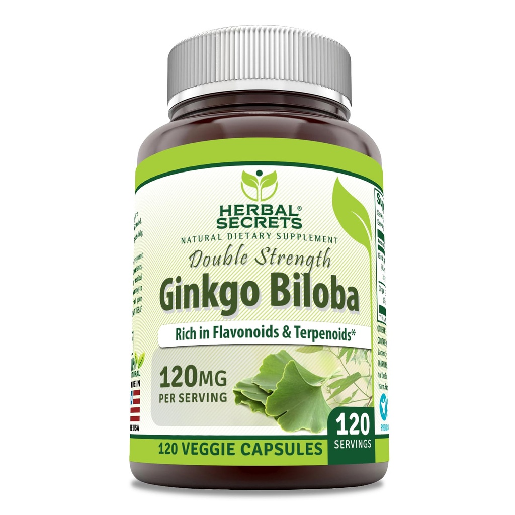 Herbal Secrets Ginkgo Biloba Double Strength Supplement | 120 Mg | 120 Veggie Capsule | Non OGM | Gluten-Free Made in USA