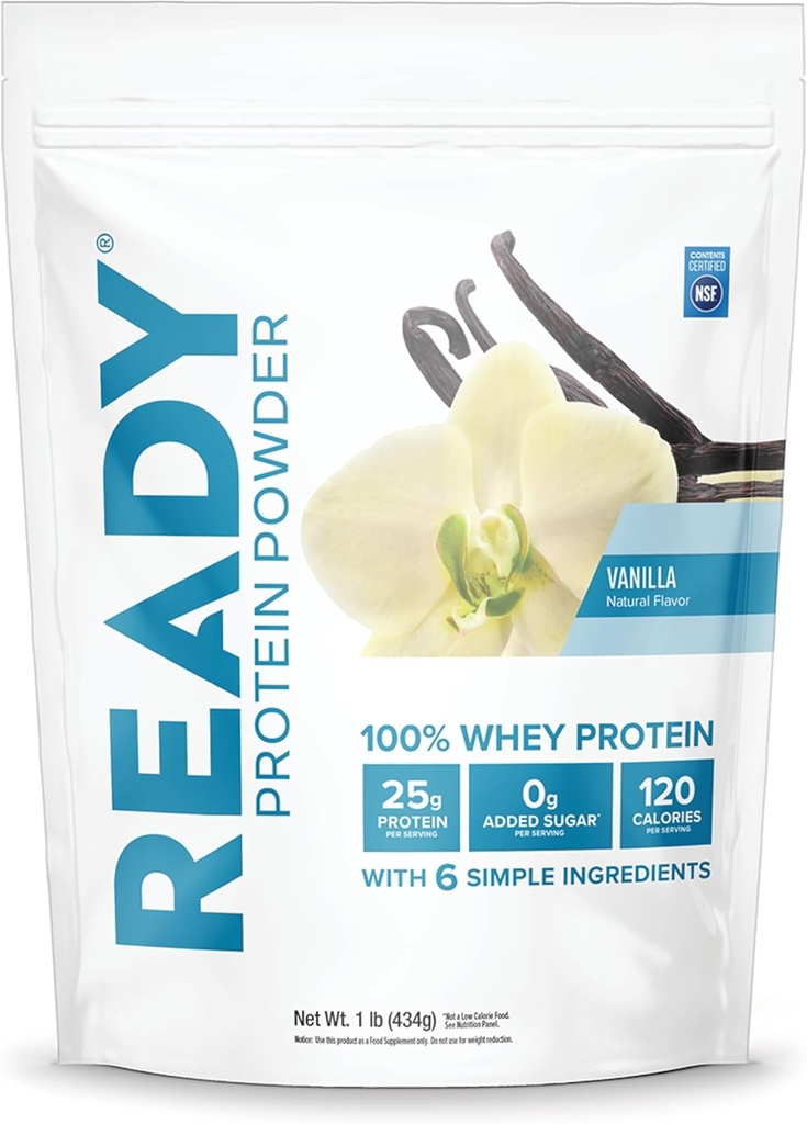 Polvere proteica Ready® – 25g Proteine del siero, 120 Calorie, 0g Aggiunto Zucchero – 7 Ingredienti semplici – Nessun Additivo artificiale – Senza glutine, Clean & Natural – Vanilla (1 Sacchetto di Pound)