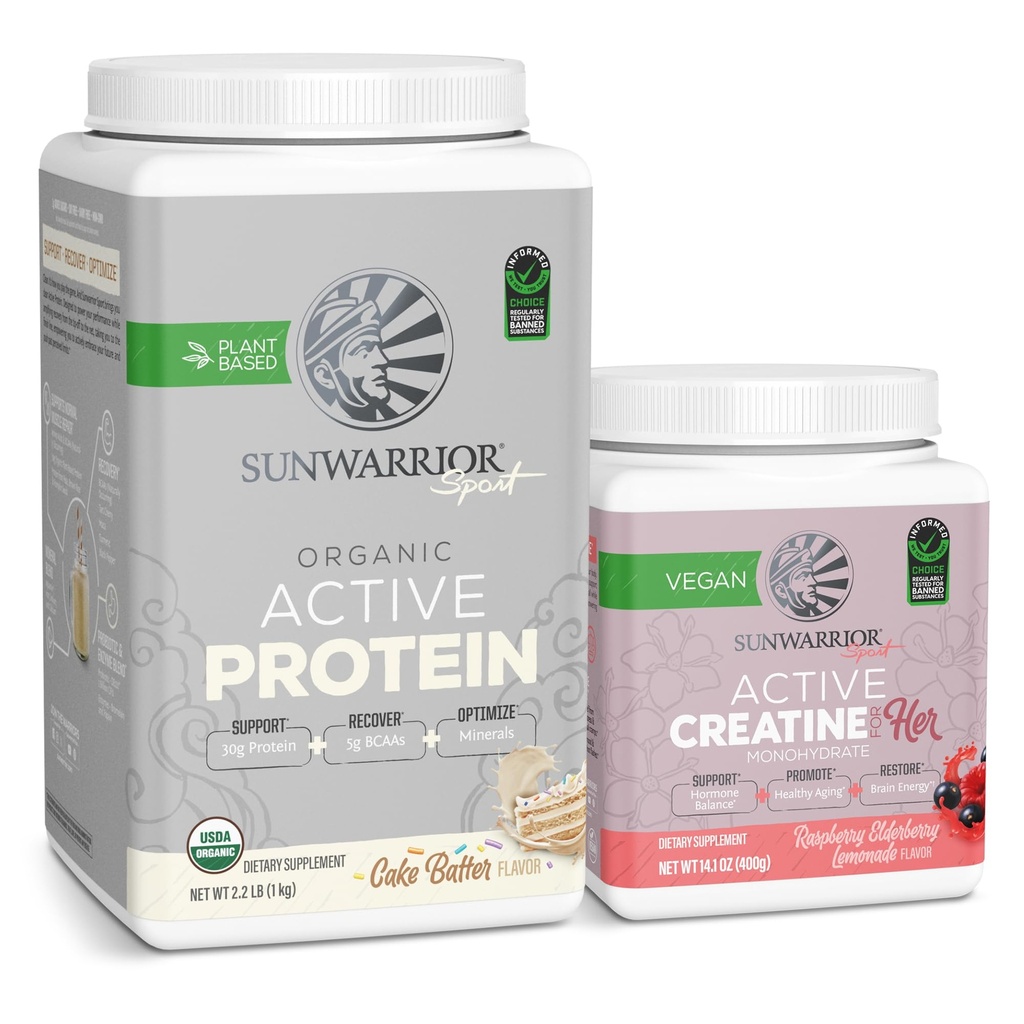 Sunwarrior Vegan Protein Powder USDA Organic | 20 Serve, Cake Batter Aromaed & Creatine Monoidrato Polvere per il suo | Micronized 50 Servings, Raspberry Lemonade aromaed