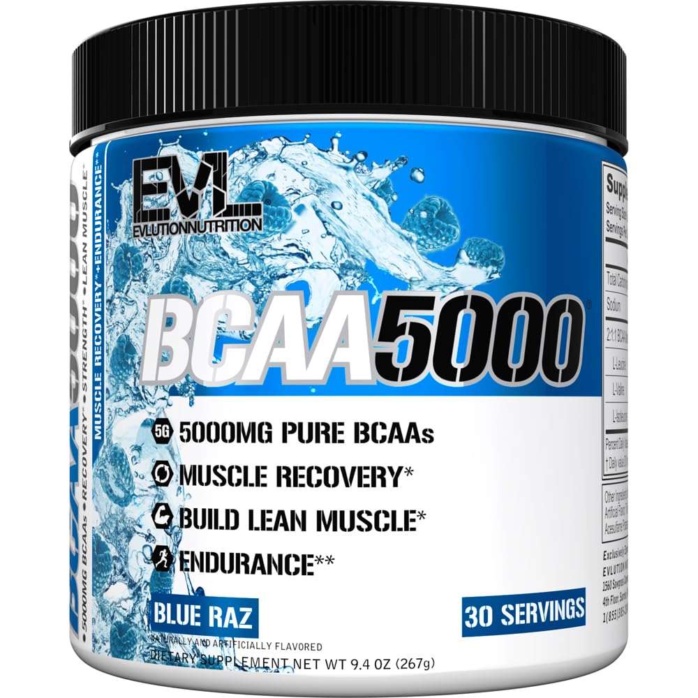 Evlution EVL BCAAs Aminoacidi Polvere - BCAA polvere Post Workout Recovery Drink e Stim Free Pre Workout Energy - 5g Aminoacidi a catena ramificata Supplemento per gli uomini - Raz blu