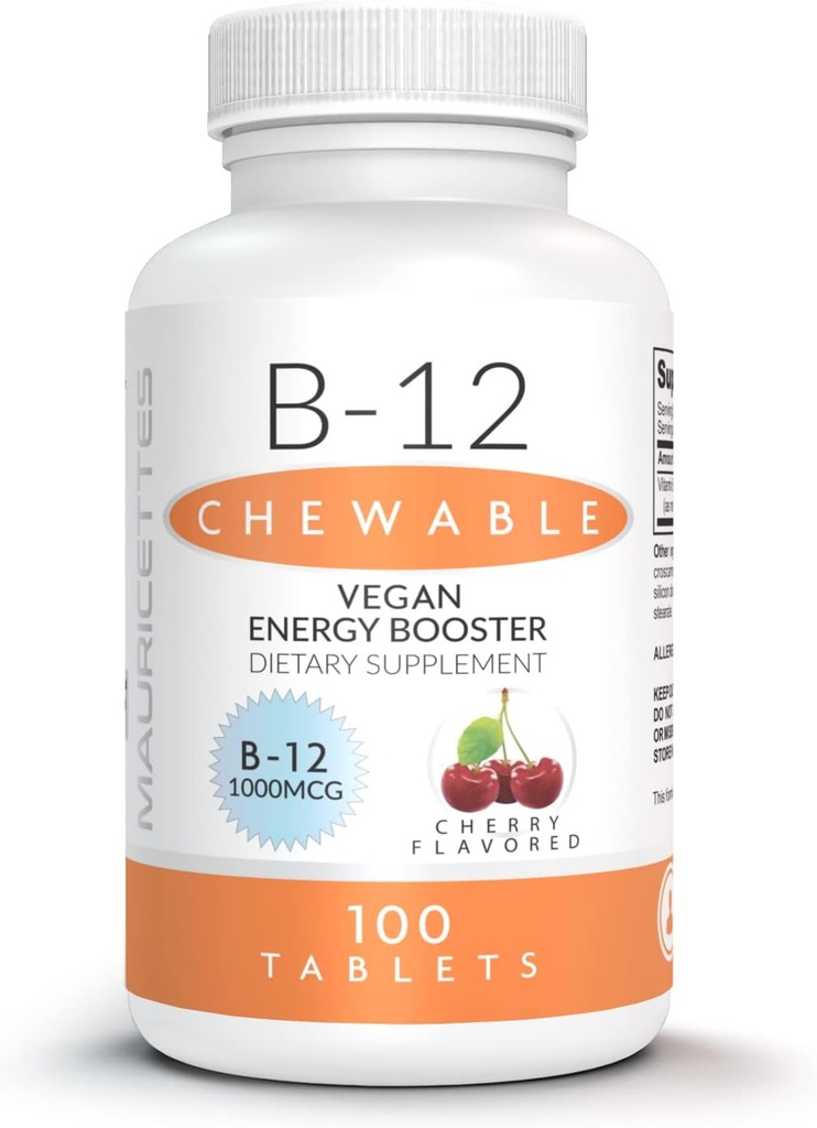Mauricettes Natural Vitamin B-12 Methylcobalamin 1000mcg - 100 Chewable Cherry Tablets - Sublingual B 12 Supplemento per il supporto energetico - Gelatin Free