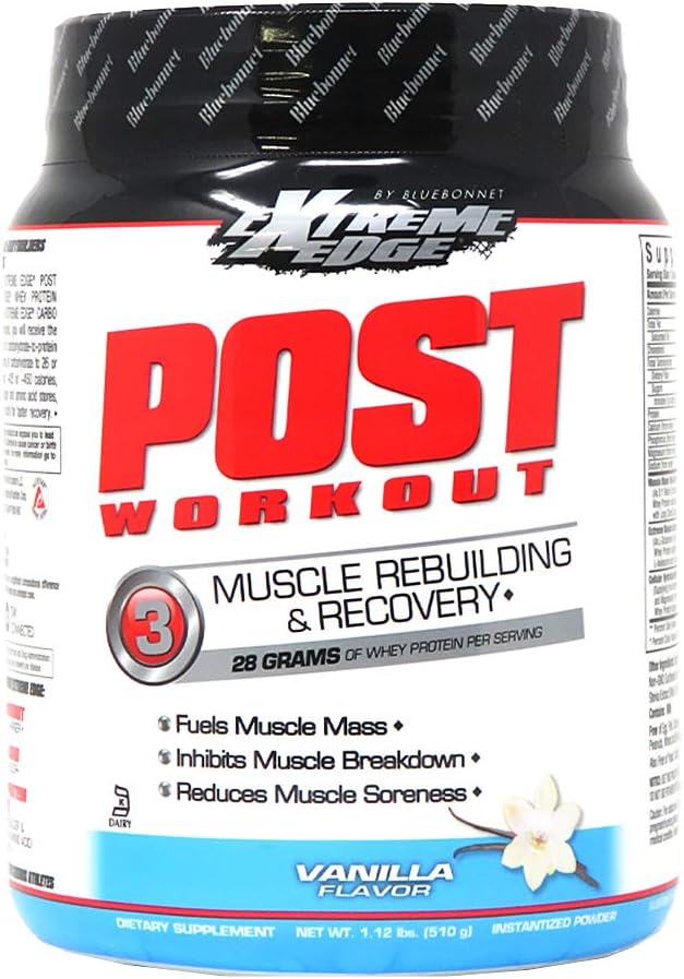 Bluebonnet Nutrition Extreme Edge Post Workout Protein Powder, Grass Fed Cows, 28 Grammi di Proteine, No Sugar Aggiunto, Gluten Free, Soy Free, Kosher Dairy, 1.12 lb, 12 Servings, Vanilla Flavor
