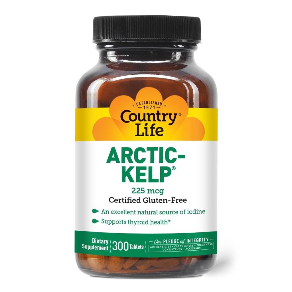 Country Life Arctic-Kelp – Integratore di iodio naturale per il supporto tiroideo e immunitario – Vegan, Gluten-Free, 225 mcg – Ideale per la salute della tiroide, l'ipotiroidismo e il supporto surrenale, 300 compresse