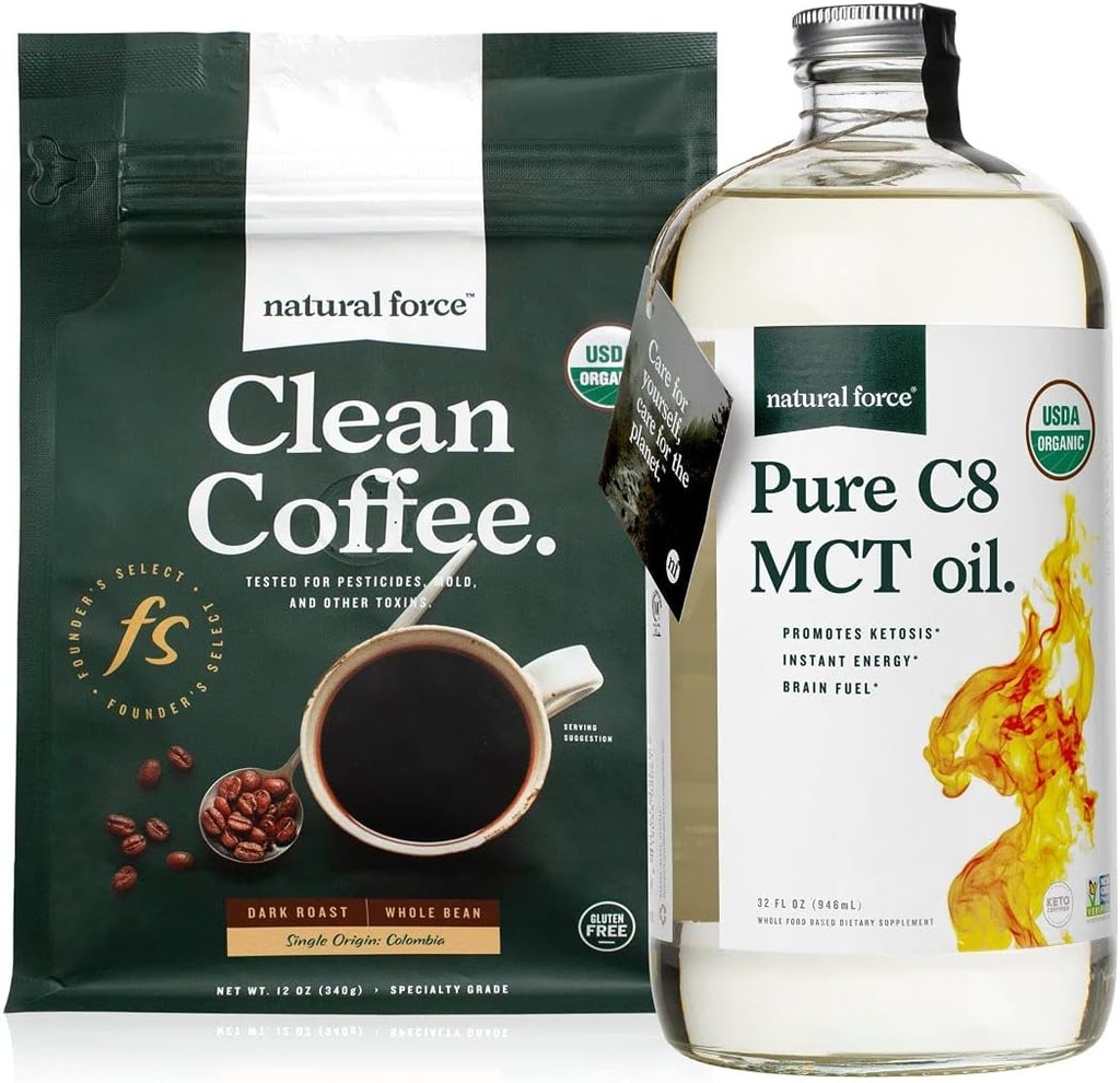 Natural Force Dark Roast Clean Coffee + Organic Pure C8 MCT olio Bundle – 100% C8 MCT & Mold & Mycotoxin Free Coffee – Non-GMO, Keto, Paleo, e Vegan - 12 Oz e 32 Oz