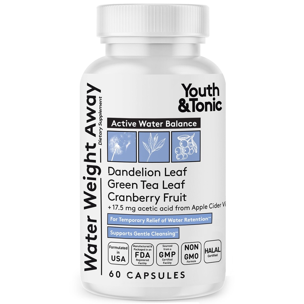 Youth & Tonic Natural Water Weight Away – Erbe Pillole Diuretiche per Bloating, Water Retention & Swelling Support for Women & Men – 60 Caps with Dandelion, Potassium, Green Tea & Apple Cider Vignegar