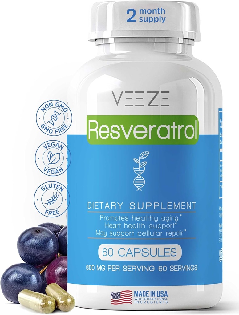 VEEZE Resveratrolo Supplemento 600mg 60 Capsule & 60 Serve - Made in USA Natural & Organic Resveratrolo - Ricco di Antiossidanti & Trans Resveratrolo per il Ben-Being Support - Premium Organic Resveratrol