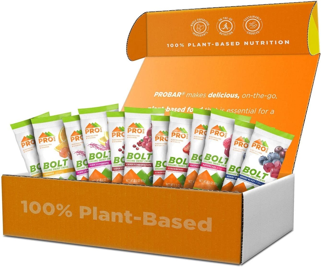 PROBAR - BOLT Organic Energy Chews, Variety Pack, Strawberry, Berry Blast, Orange, Raspberry, Pink Lemonade, Cranberry Pomegranate - Gluten-Free, USDA Certified Organic (12 Conte) - Flavors May Vary