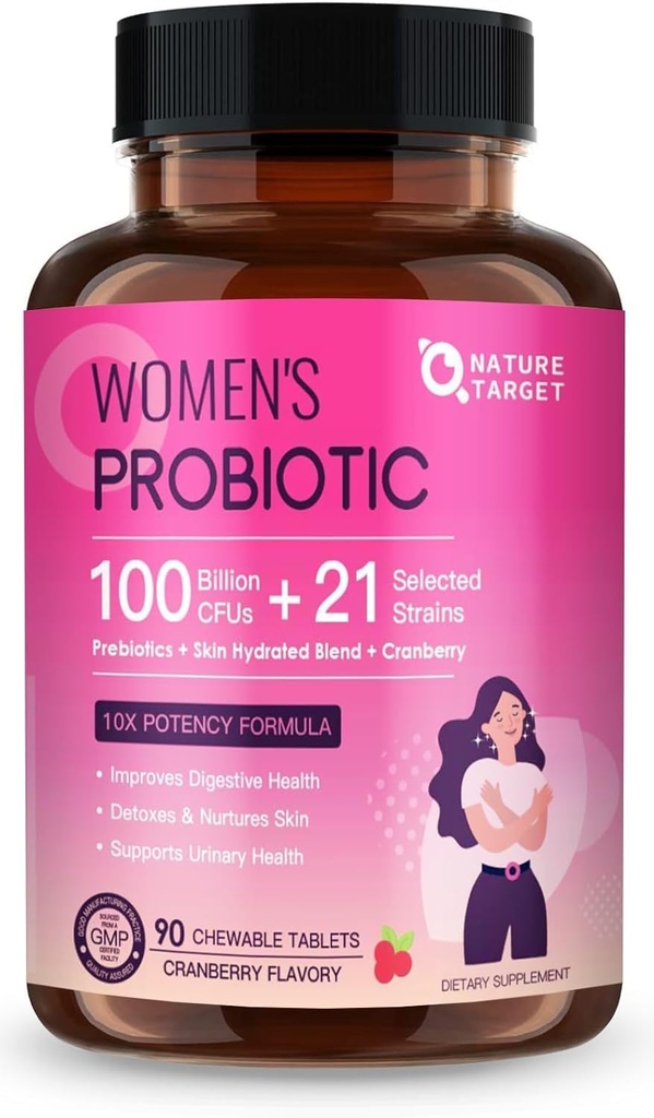 NATURA TARGET Probiotici per la salute digestiva delle donne con 100 miliardi di CFU, Probiotici per la salute e il supporto immunitario, Cura della pelle, con mirtillo & D-mannose, 90 compresse masticabili (alimentazione di 45 giorni)