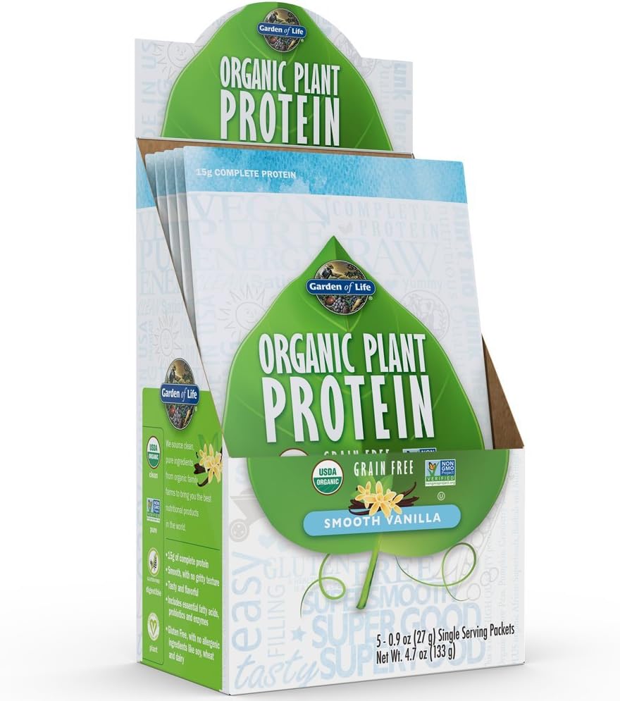 Giardino della vita Organic Plant Protein Smooth Vanilla Polvere - Single Serving Packets (5-Pack) - Vegan, Grain Free & Gluten Free Plant Based Protein Agitare con 1B CFU Probiotici e enzimi, 15g Proteine