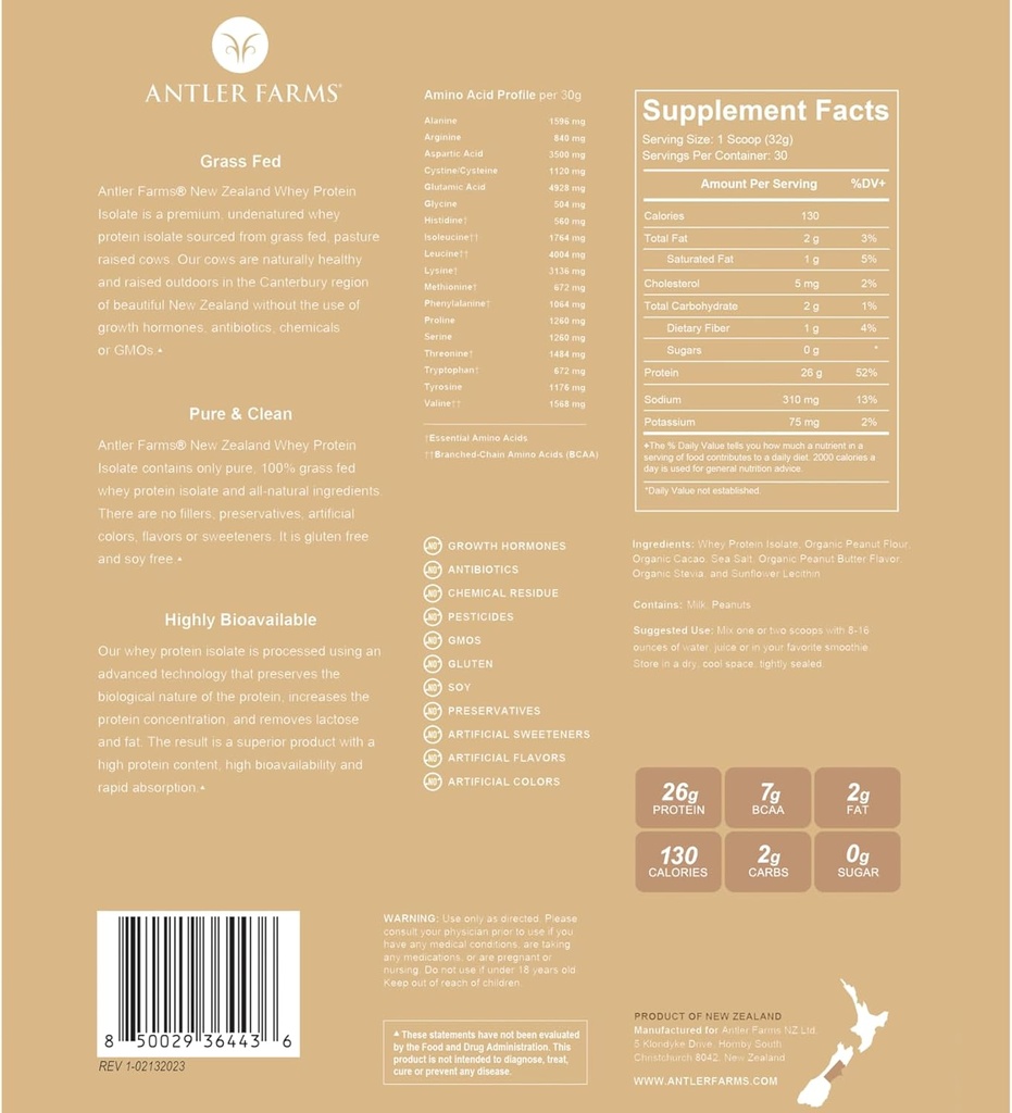 Antler Farms - 100% Grass Fed New Zealand Whey Protein Isolate, Peanut Butter Chocolate Flavor, 2 lbs - Pure and Clean, 7 ingredienti, processo a freddo