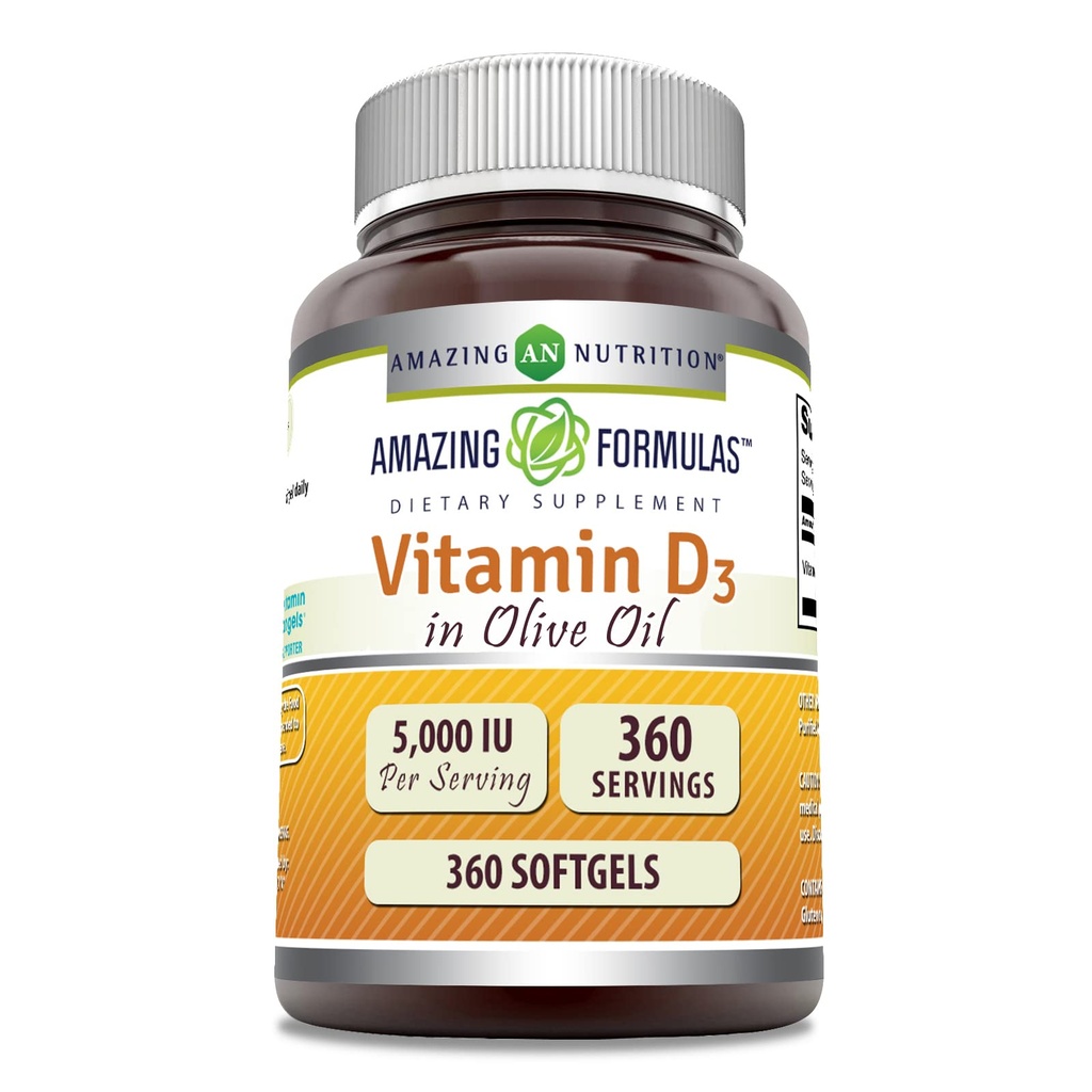 Stupefacente Vitamina D3 in Olio d'oliva 5000 IU Supplemento | Softgels | Non OGM | Gluten-Free | Made in USA (1 Pack | 360 Count)