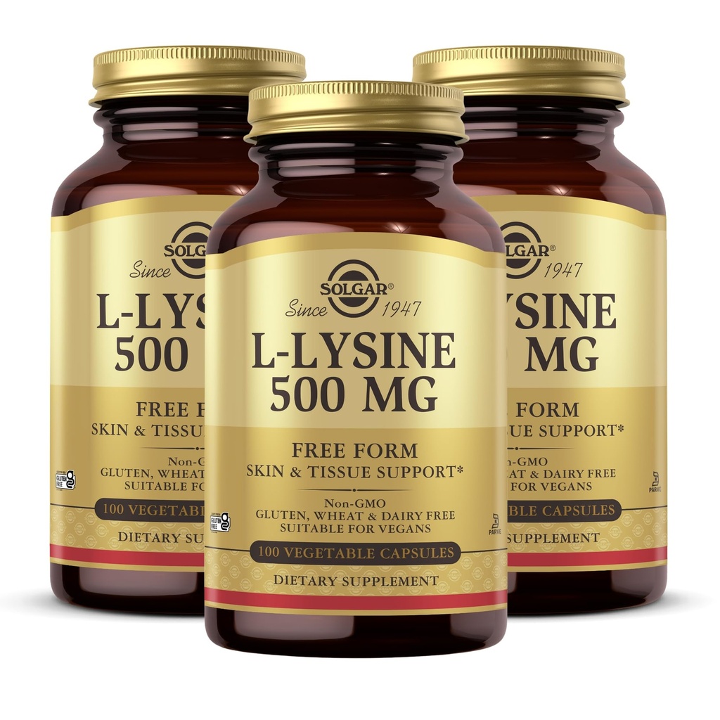Solgar L-Lysine 500 mg - 100 capsule vegetali, Confezione da 3 - Skin & Tissue Support - Non-GMO, Vegan, Kosher, Gluten Free - 300 Total Servings