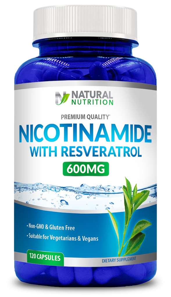 Vitamina naturale Generico Nicotinamide con Resveratrolo 600mg (Vitamina B-3) 120 capsule vegetali Gluten Free & Non-GMO