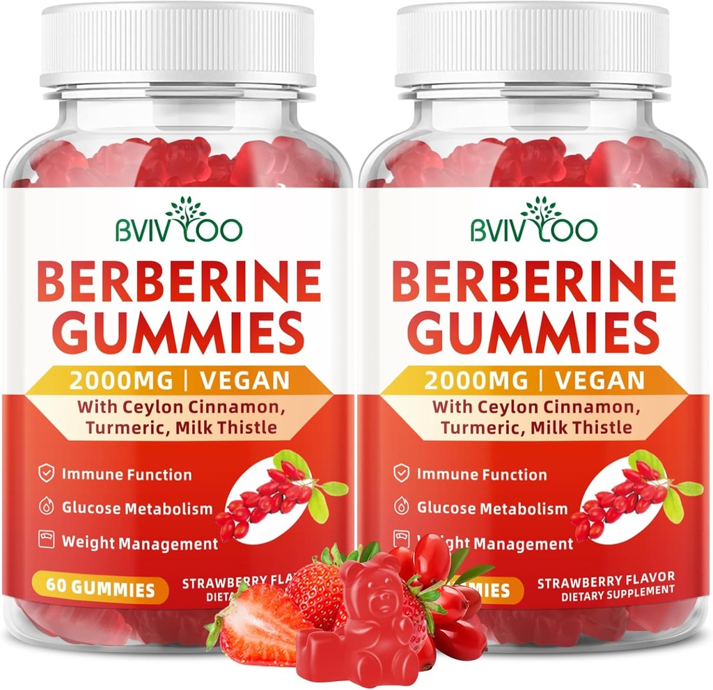 2 Packs Berberine Gummies, Sugar Free 2000mg High Potency Berberine HCI Supplemento, Plus Ceylon Cinnamon, Latte Thistle for Women & Men, Immune System & Metabolism Support - 120 Gummies