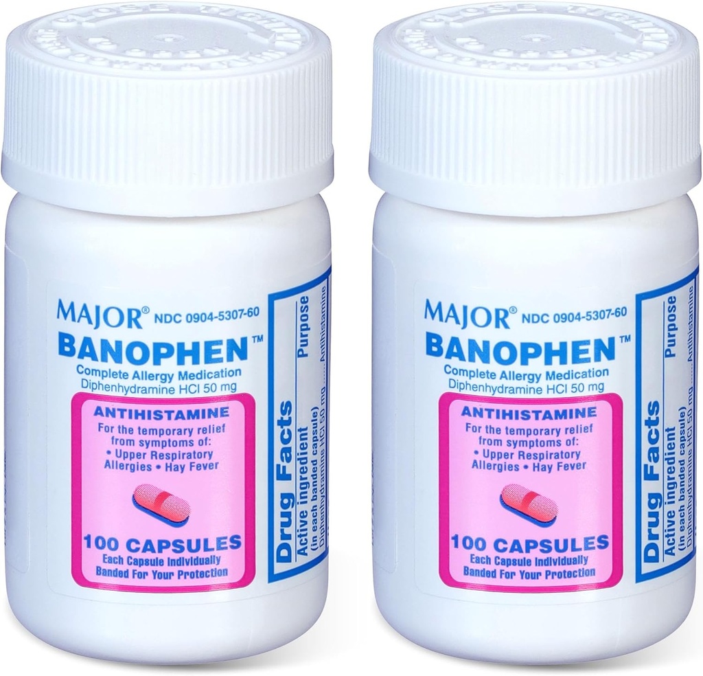 MAJOR Banohpen - Medicina Allergia Completa - Difenidramina HCI 50 mg - Antistamina - 100 capsule (2 Pack)