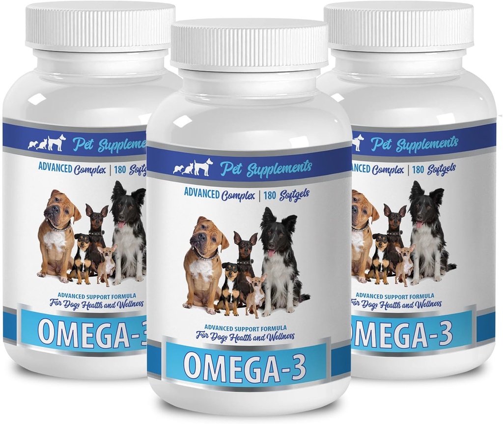 PET SUPPLEMENTARI & NUTRITION LLC Skin and Coat Wet Dog Food - Dog Omega 3 Essential Fatty ACIDS - Advanced Formula - Hair and Coat Health - Natural - Dog Anti infiammatori - 3 Bottiglie (540 Softgels)